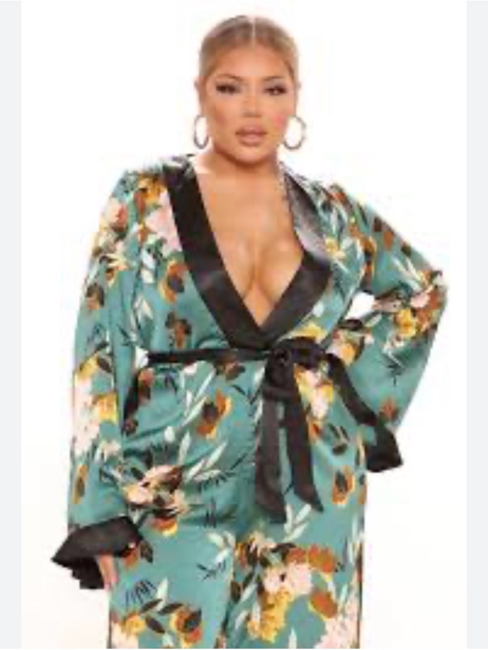 Fashion Nova Teal Floral Satin jumpsuit  with Black Trim